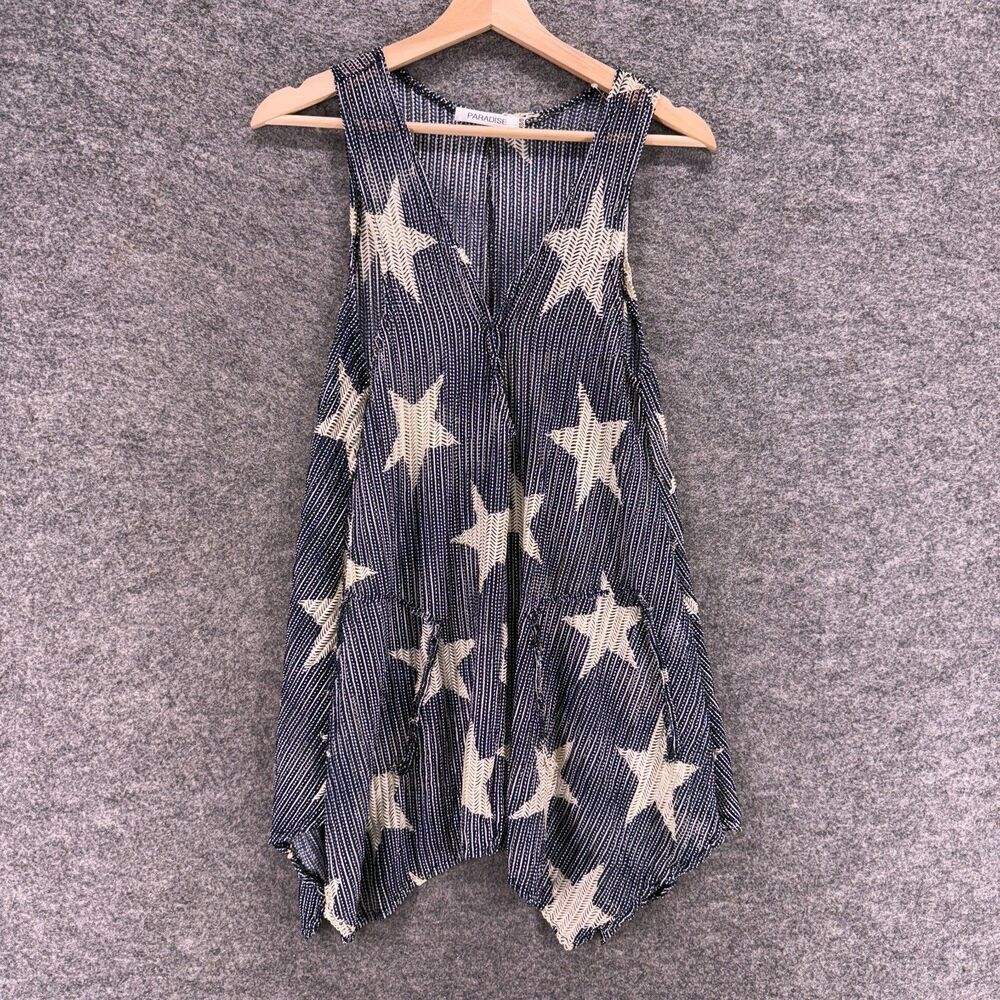 Paradise Bllouse Women XS/S Gray Star Print V-Neck Sleeveless Wide Strap Casual